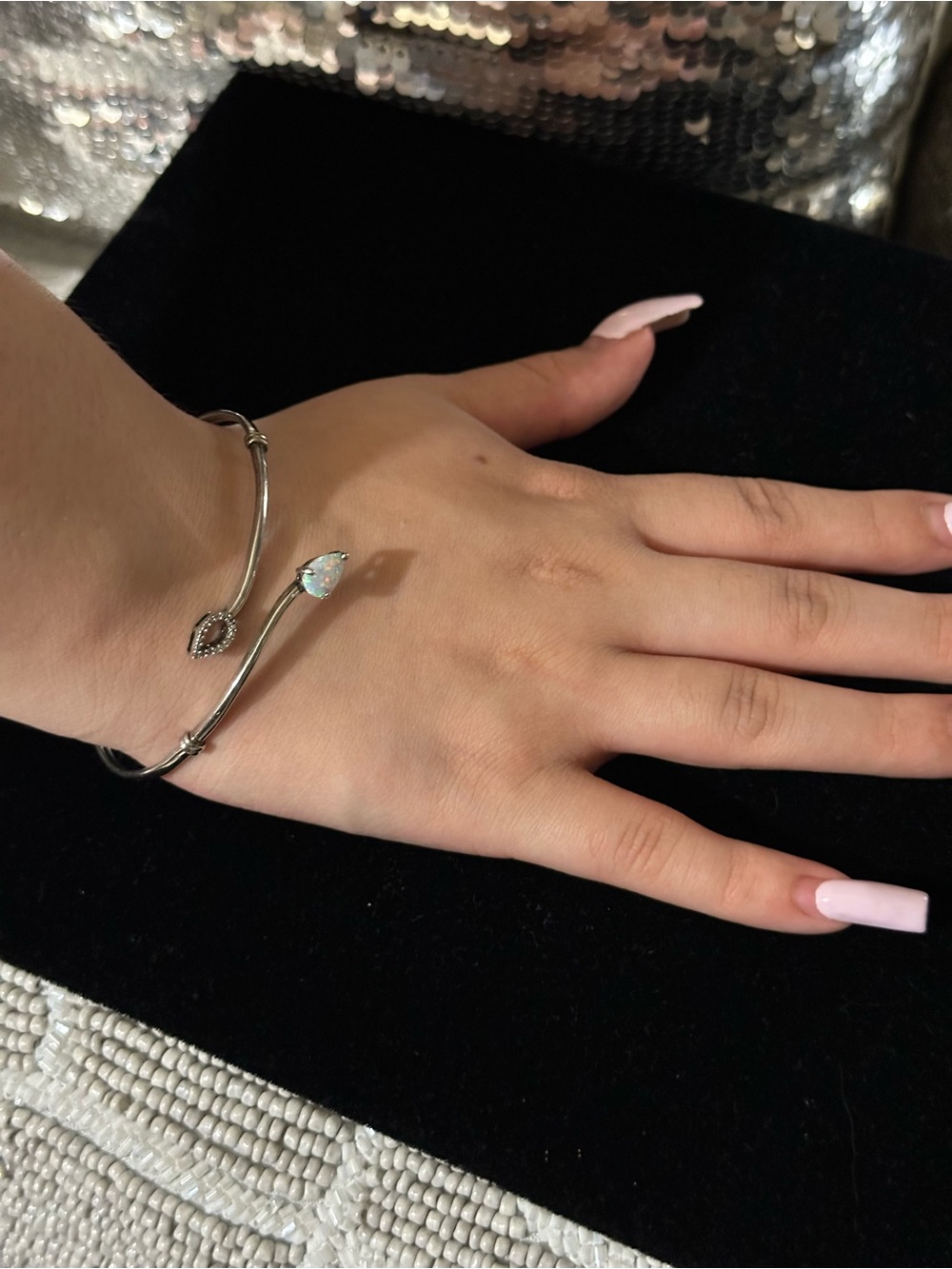 Silver Open Cuff Bracelet with Teardrop Opal Accent and diamonds Jewelry